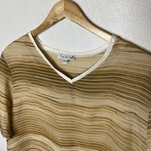 KD Spring Lagenlook Artsy Short Sleeve Top Tan V-Neck Shirt Lined Women’s XL‎ - Picture 2 of 16
